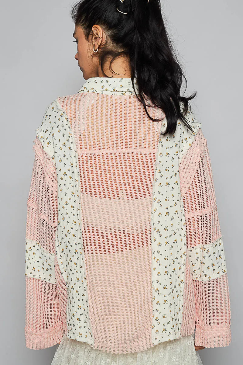 POL Floral Crochet Patchwork Long Sleeve Shirt