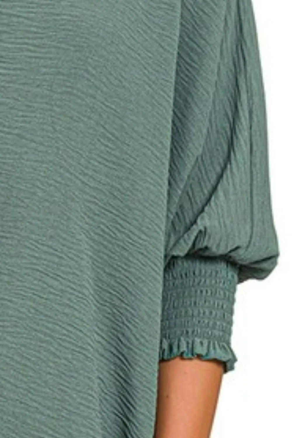 Zenana Ash Jade Airflow Collar Tee with Smocked Sleeve Band Top