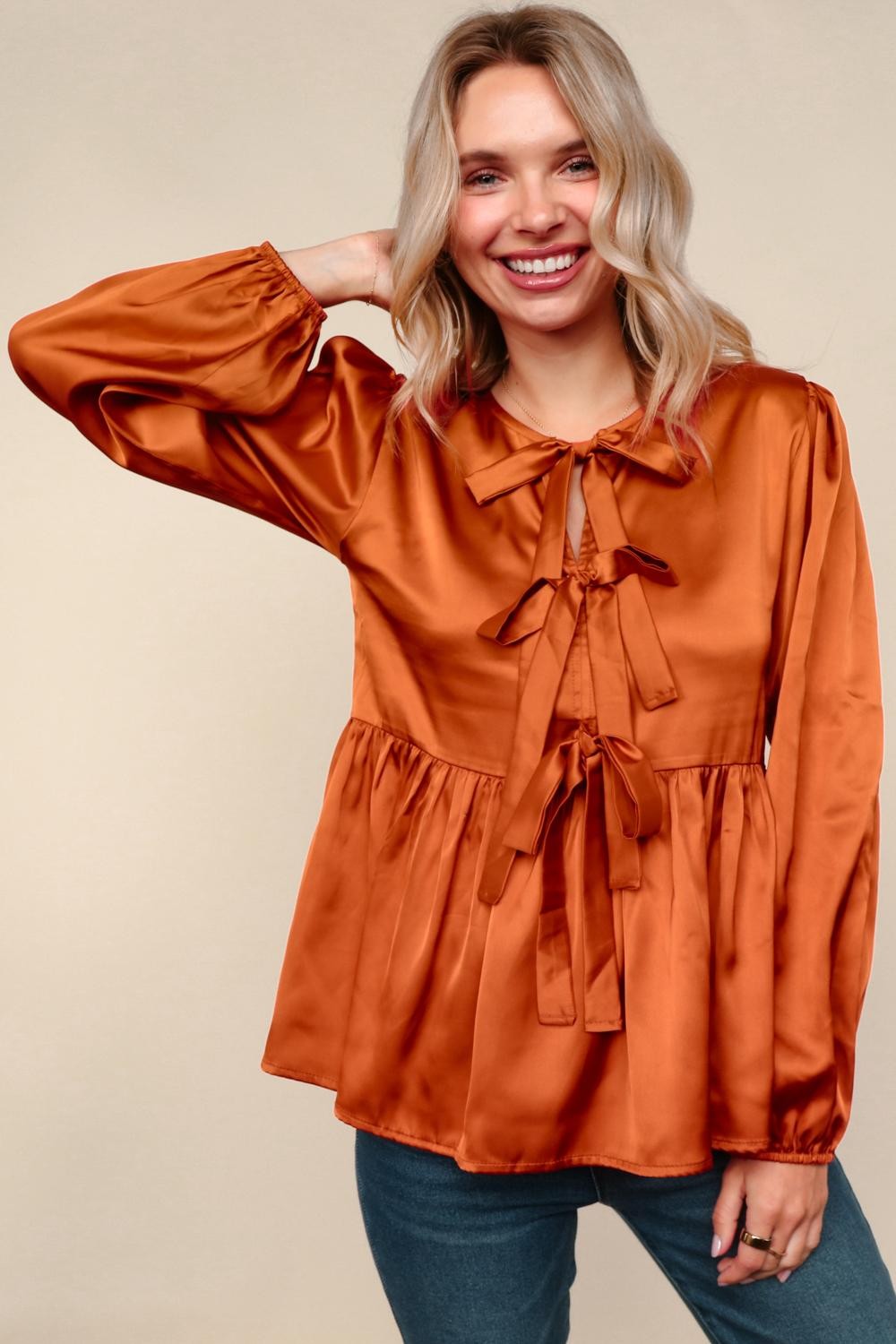 Haptics Babydoll Rust With Front Ribbon Bow Tie Blouse