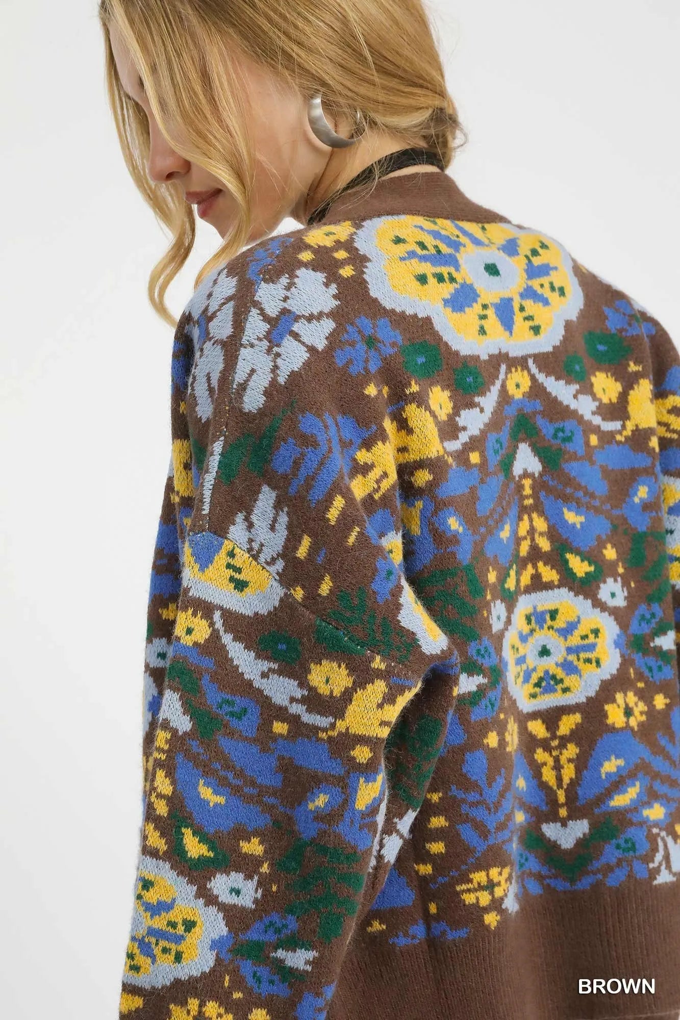 Umgee Brown Floral Knit Button-Up Cardigan