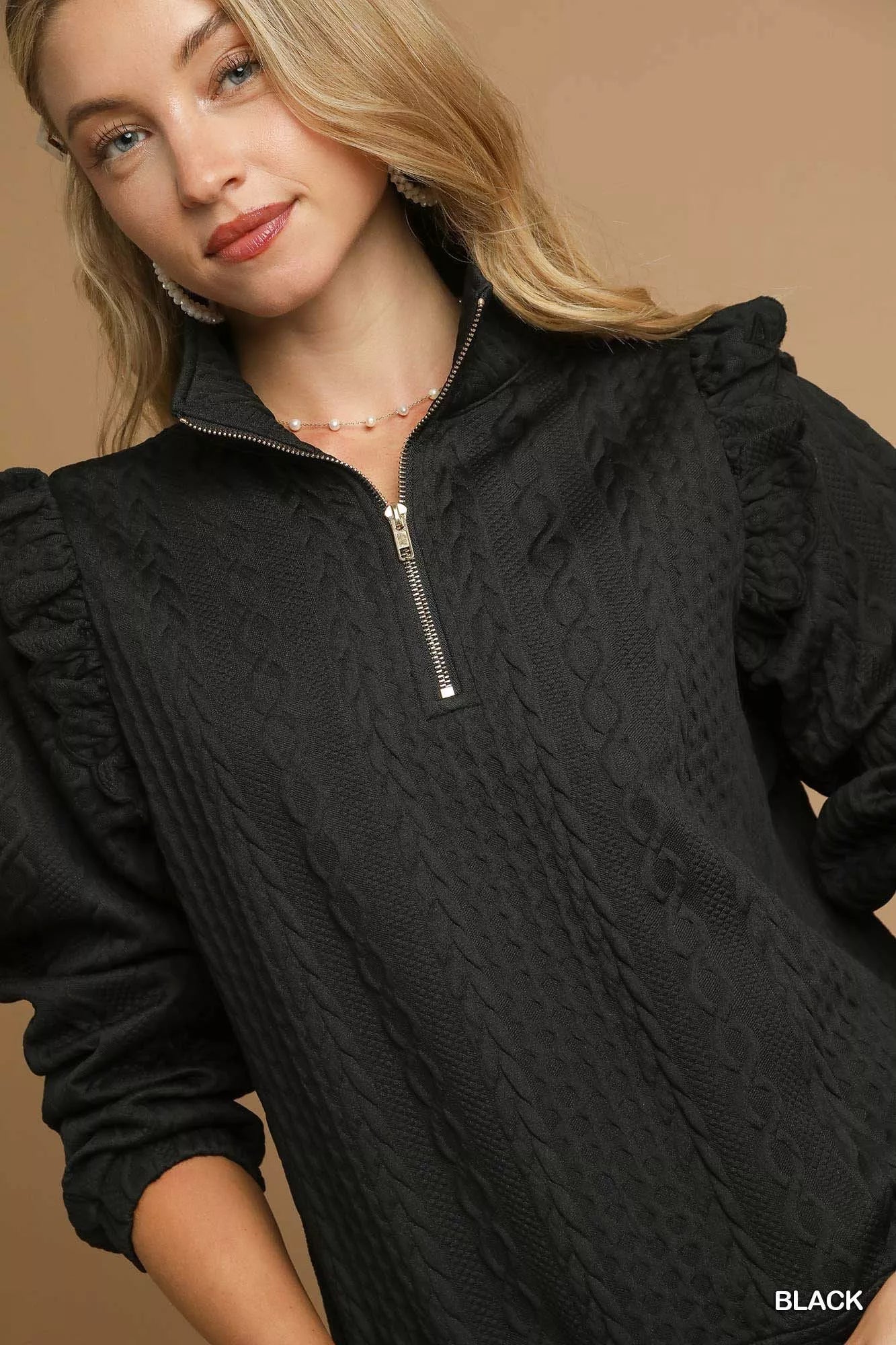 Umgee Black Half-zip Cable Knit Textured Pullover with Ruffle Shoulders