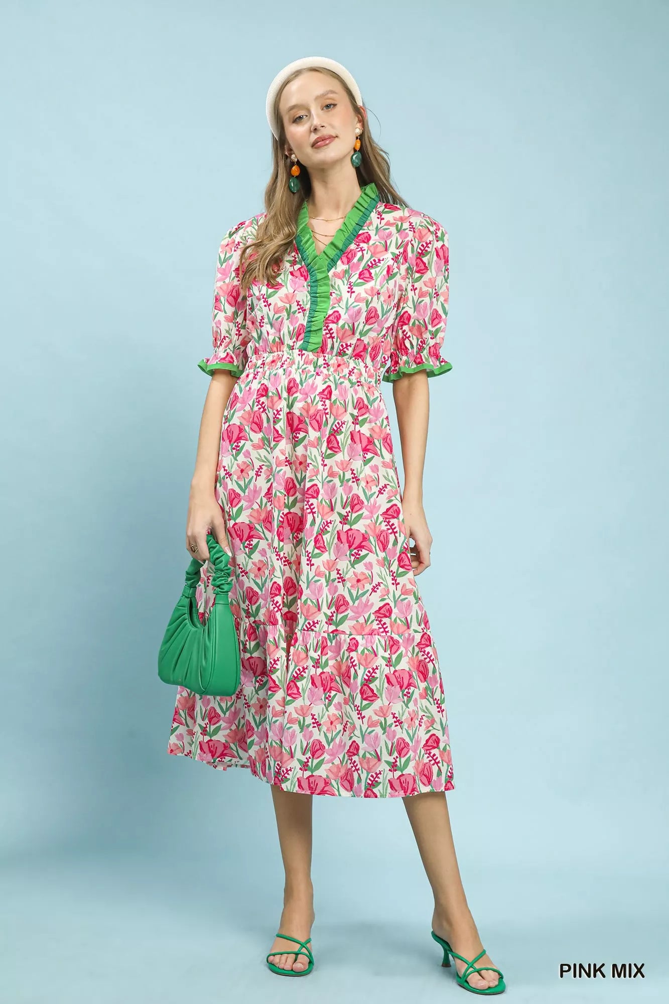 Umgee Pink Mix Floral Ruffle Trim Tiered Midi Dress
