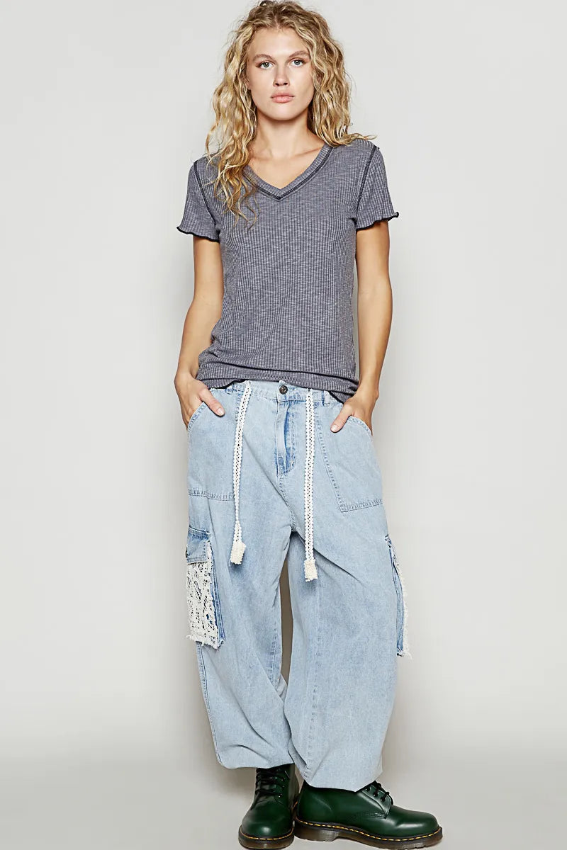 POL Charcoal V-Neck Short Sleeve Ribbed T-Shirt with Contrast Overlock Stitching