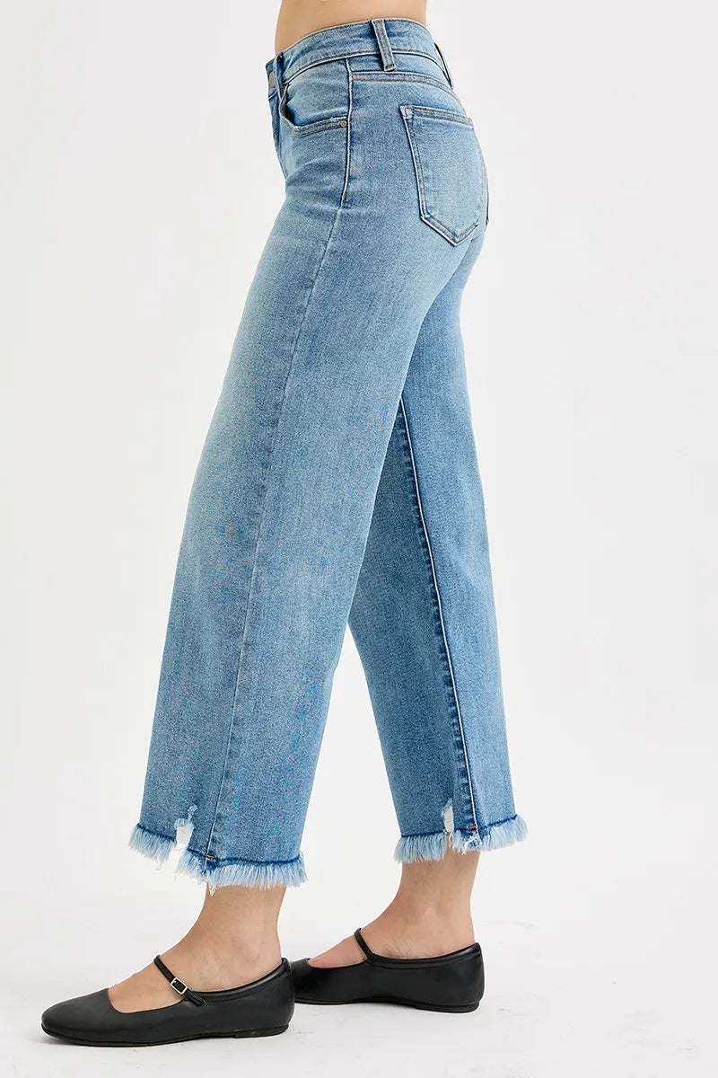 RISEN Light Washed Mid Rise Frayed Hem Crop Wide Leg Jeans