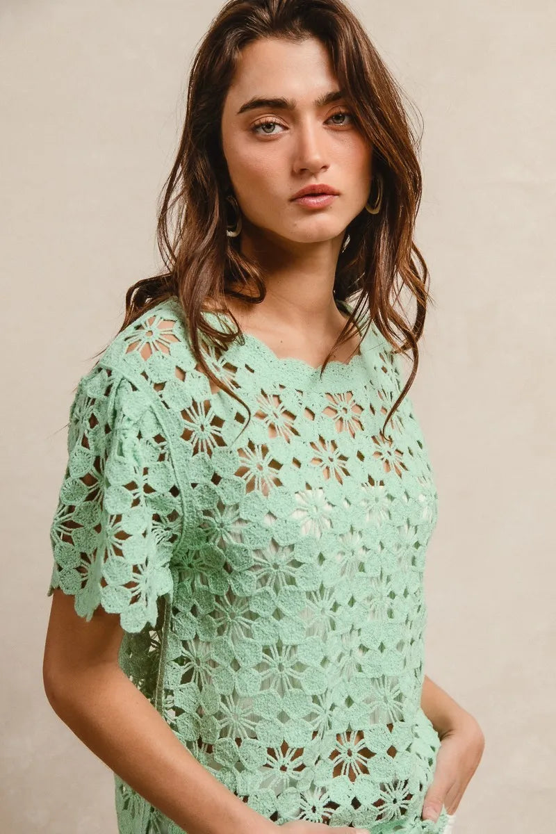 BiBi Light Green Openwork Crochet Short Sleeve Knit Top