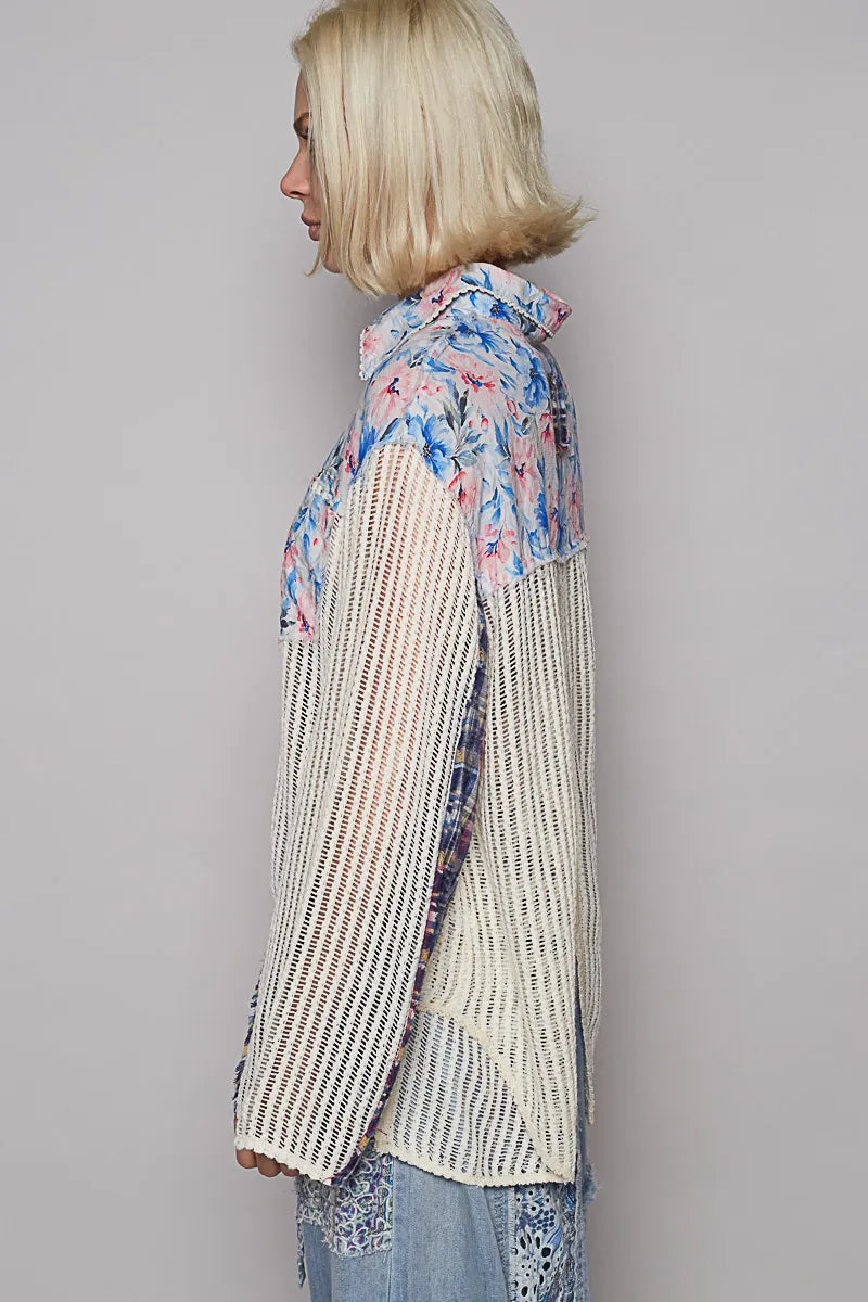 POL Long Sleeve Crochet Floral Print Slit Back Plaid Patchwork Shirt