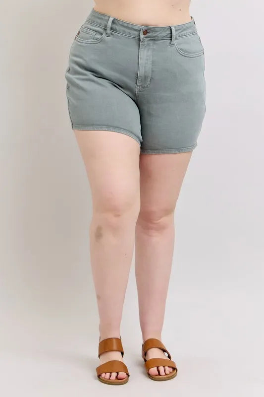 Judy Blue Stone Blue Hw Garment Dyed & Back Pkt Embroidery Shorts Plus Size