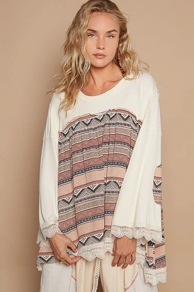 POL Buttermilk Bohemian Geometric Print Long Sleeve Top with Lace Trim