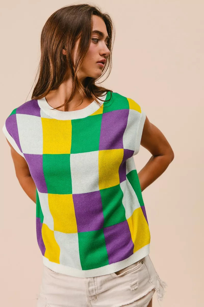 BiBi Mardi Gras Checker Pattern Sleeveless Sweater Top