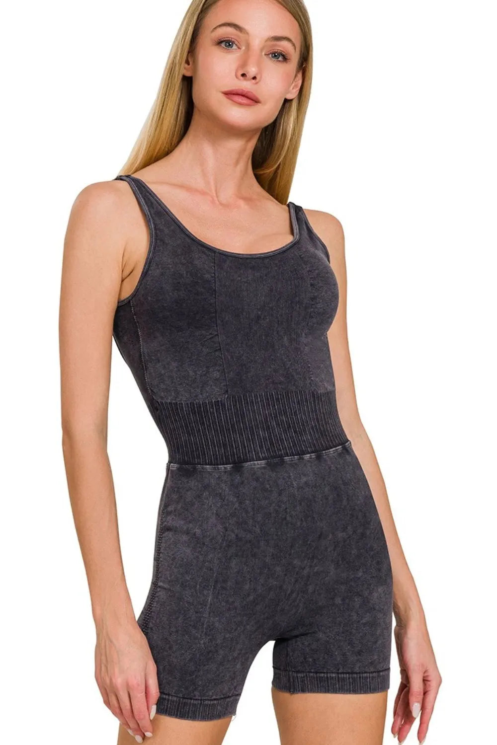 Zenana Black Washed Sports Romper With Removable Bra Pad BLACK