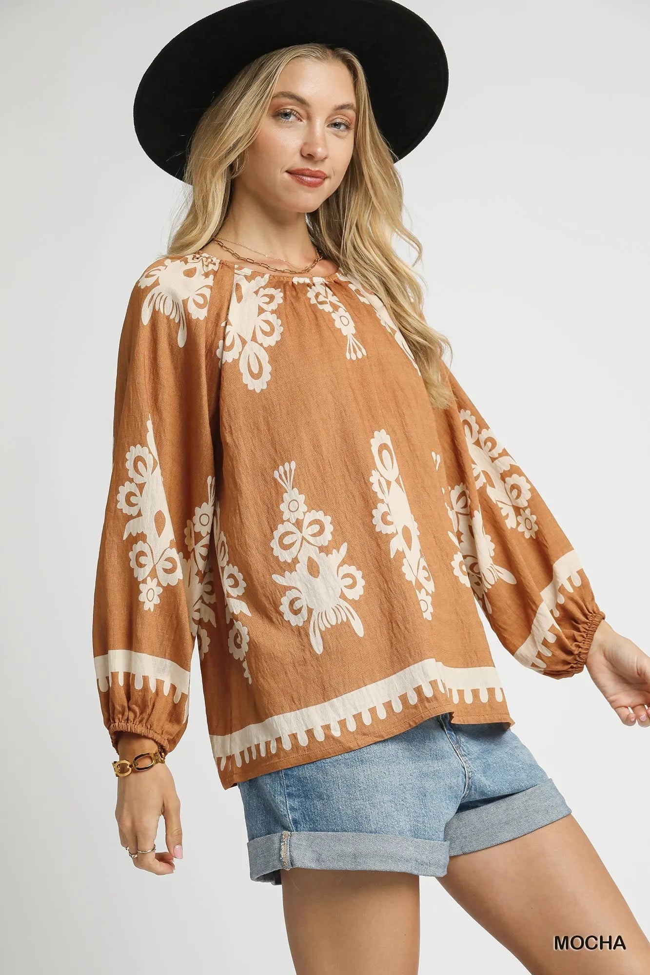 Umgee Mocha Two Tone Boho Border Print Top with Balloon Sleeves