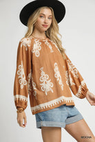 Umgee Mocha Two Tone Boho Border Print Top with Balloon Sleeves