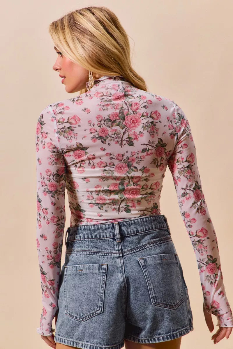 SO ME Pink Floral Rose Print Mesh Sheer Layering Top