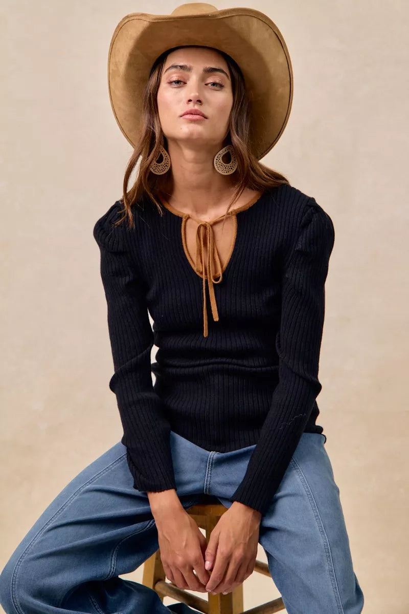 BiBi Black & Camel Ribbed Contrast Front Tied Top with Shrried
