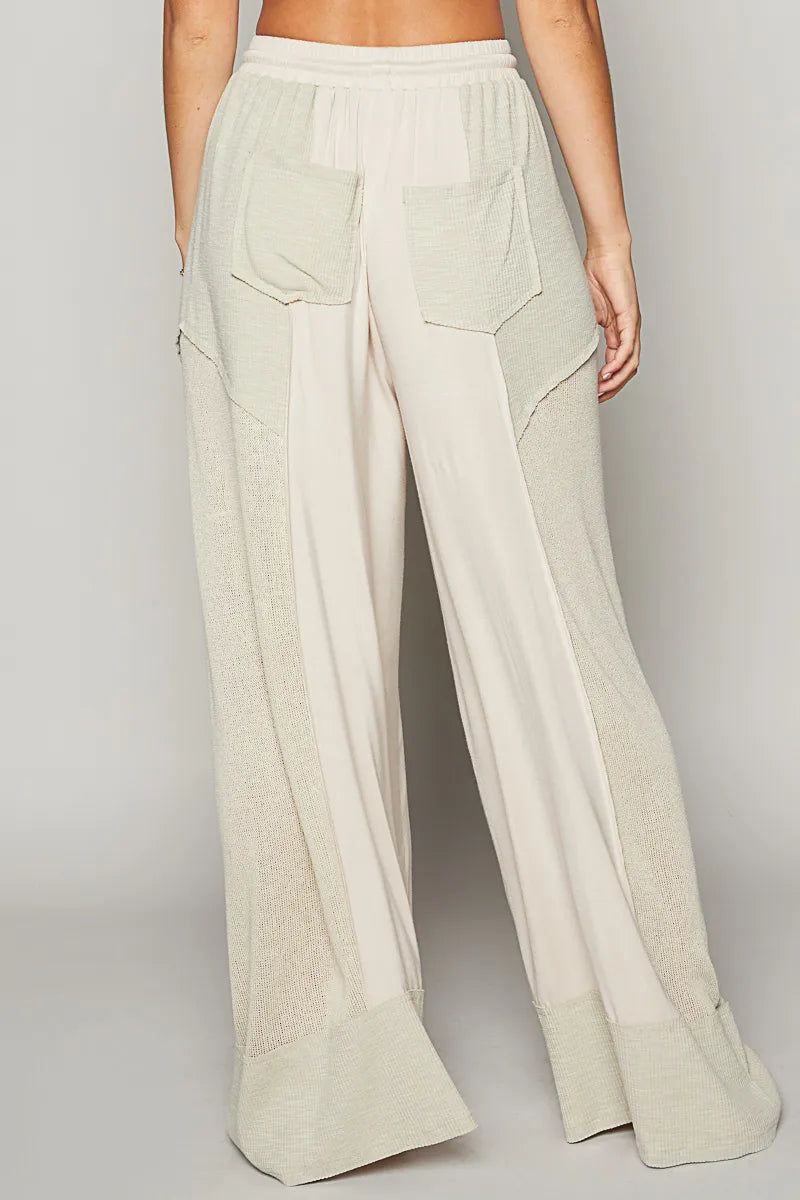 POL Oatmeal Drawstring Color Block Wide Leg Knit Pants