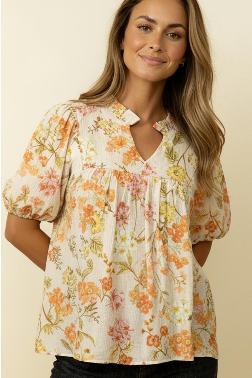 Haptics Frilled Notch Neck Bubble Short Sleeve Top – Oatmeal & Tangerine