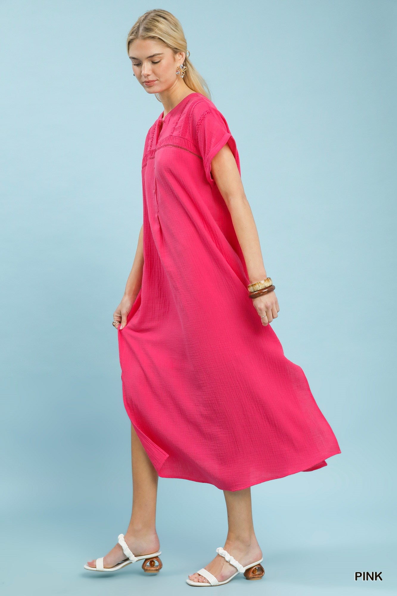 Umgee Pink Button-Front Gauze Midi Dress with Lace Detail