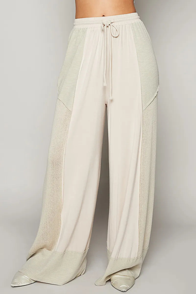 POL Oatmeal Drawstring Color Block Wide Leg Knit Pants