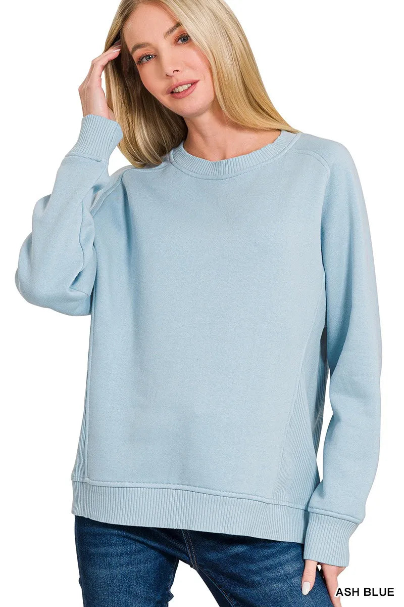 Zenana Ash Blue Fleece Round Neck Ribbed Side Raglan Sweatshirt