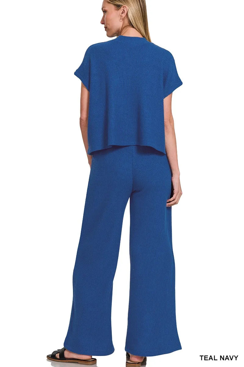 Zenana Dusty Teal Sweater Boxy Top & Long Pants Set