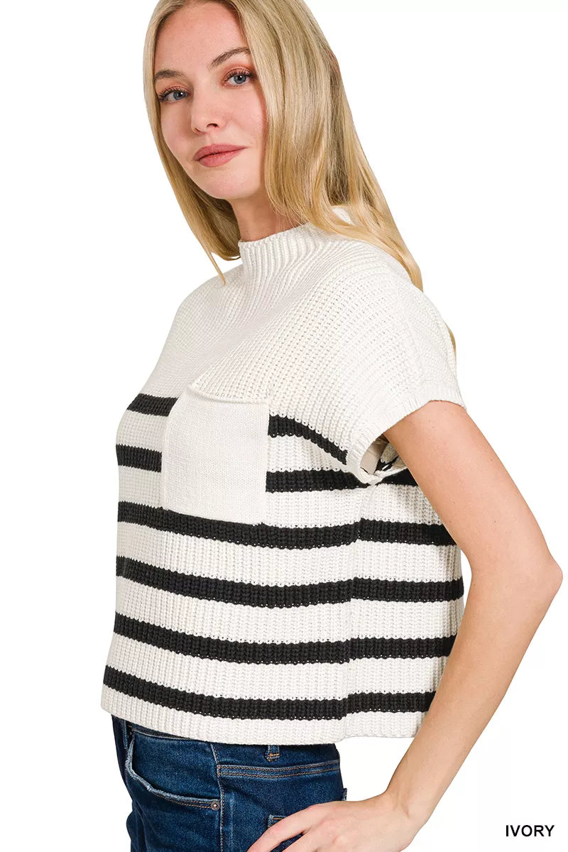 Zenana Ivory & Black Short Sleeve Stripe Sweater