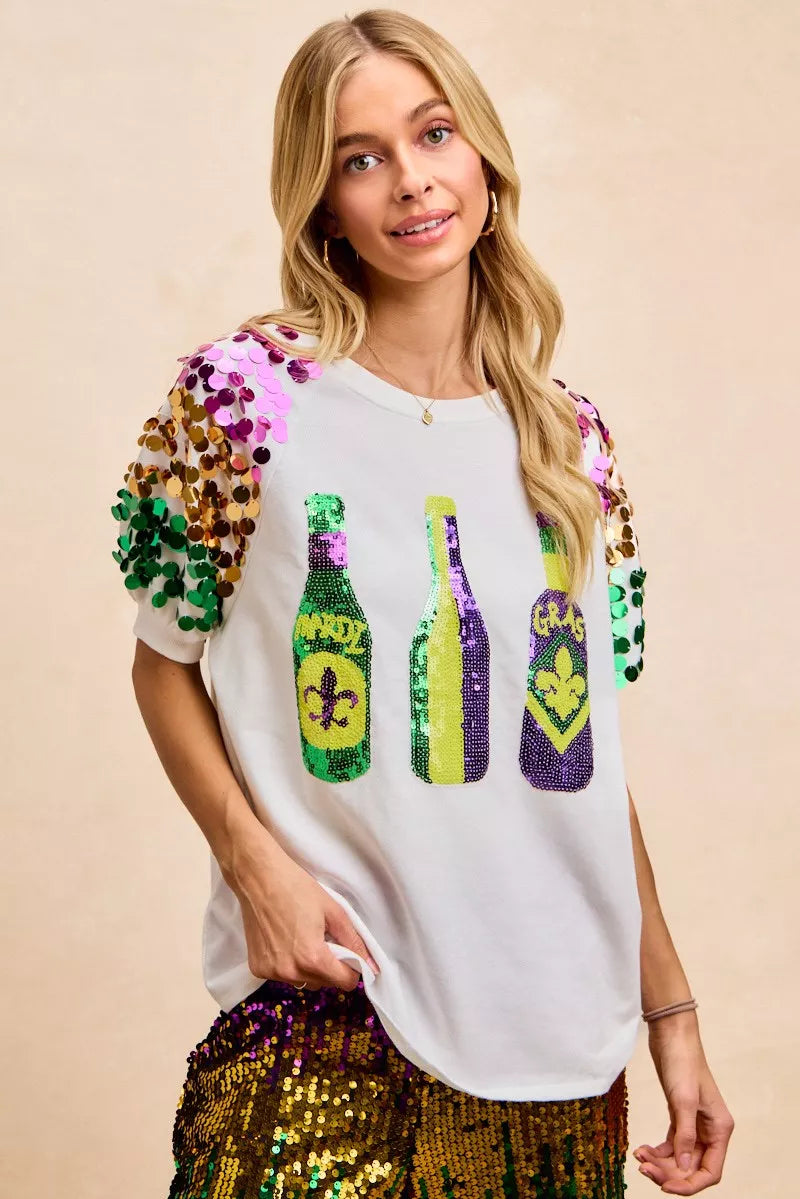 BiBi Sequin Mardi Gras Bottles Spangled Sleeve Top