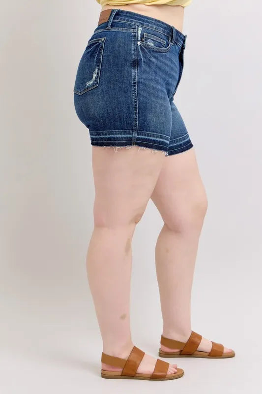 Judy Blue Plus Size Dark Washed HW Tummy Control Destroy Release Hem Denim Shorts