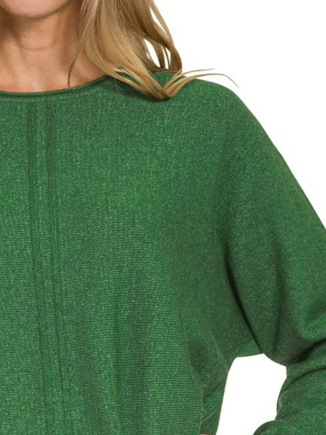 Zenana Dark Green Viscose Front Seam Round-Neck Sweater