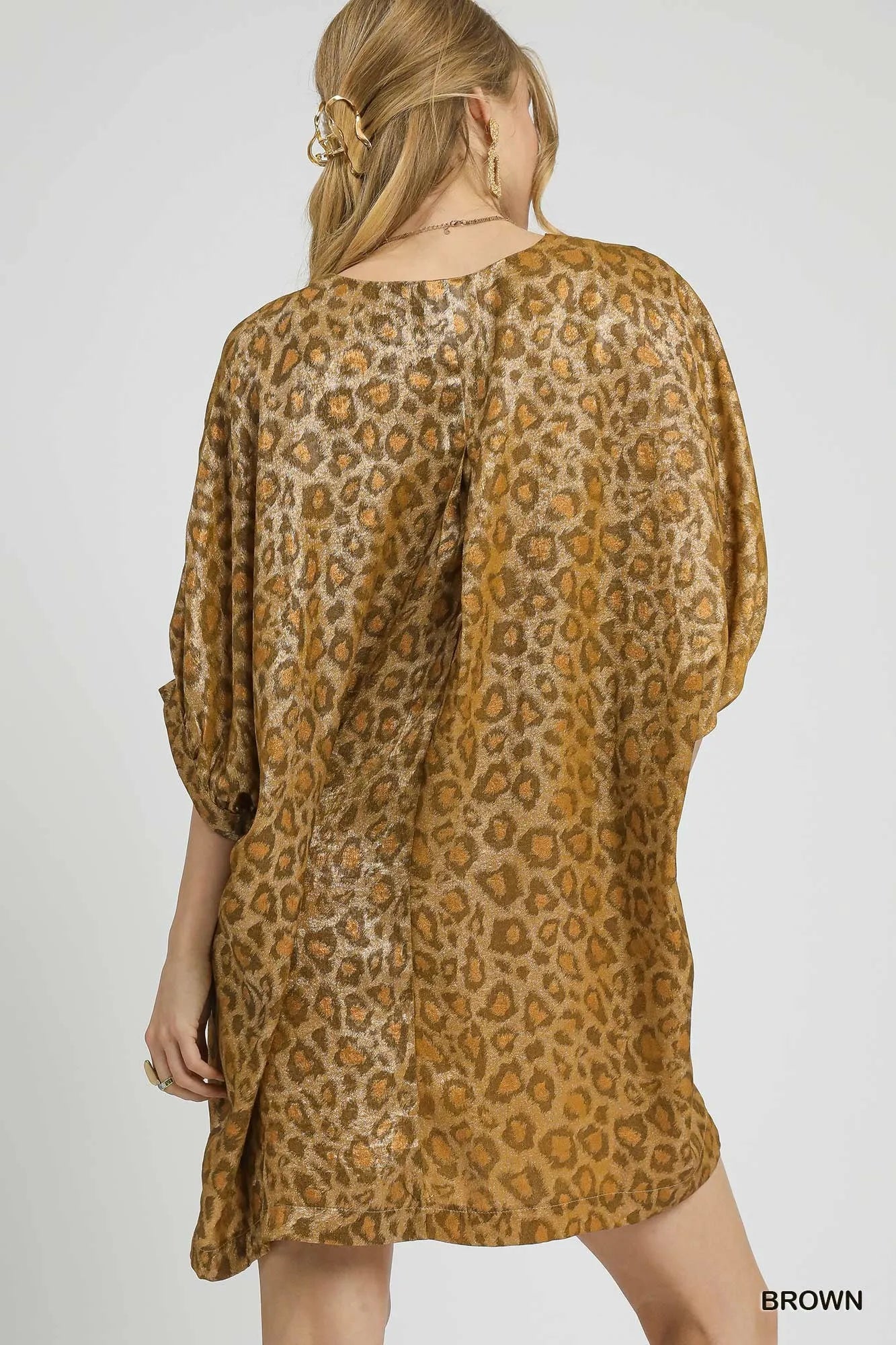 Umgee Brown Metallic Leopard Print V-Neck Kimono Dress