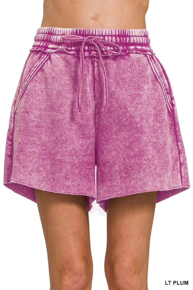 Zenana Light Plum Acid Wash Fleece Drawstring Shorts With Pockets LT PLUM