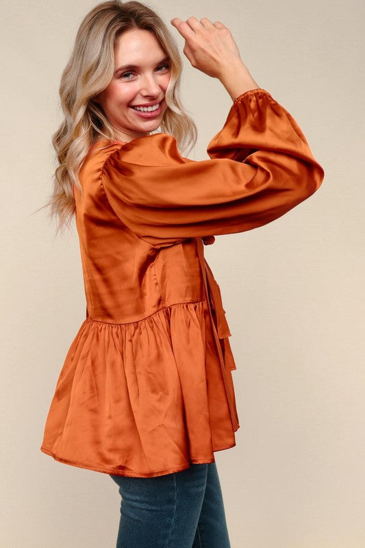 Haptics Babydoll Rust With Front Ribbon Bow Tie Blouse