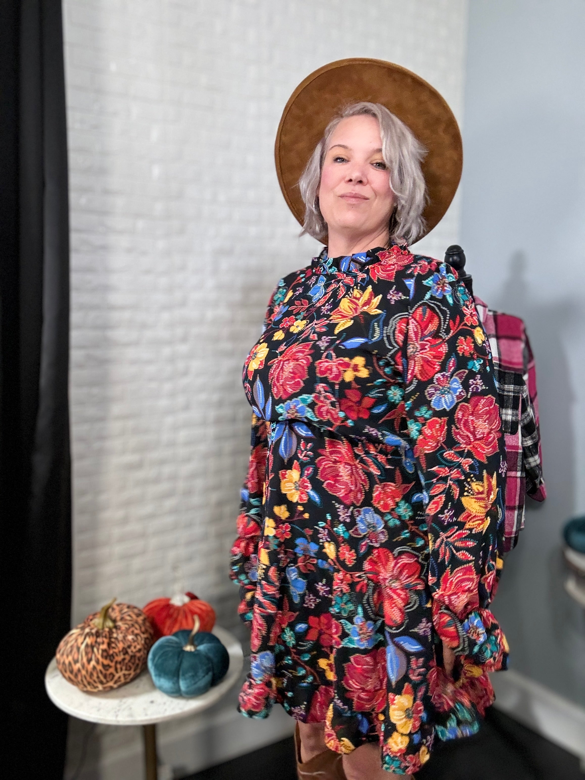 Haptics Lock Eyes Black Floral Sequin Print Ruffle Sleeve Frill Mock Neck Dress Dresses