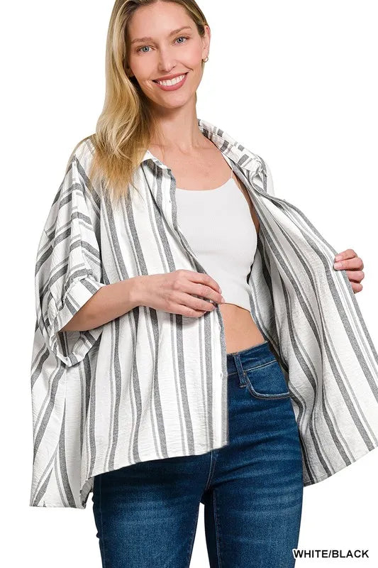 Zenana White/Black Woven Yarn-Dye Stripe Oversized Button Down Shirt