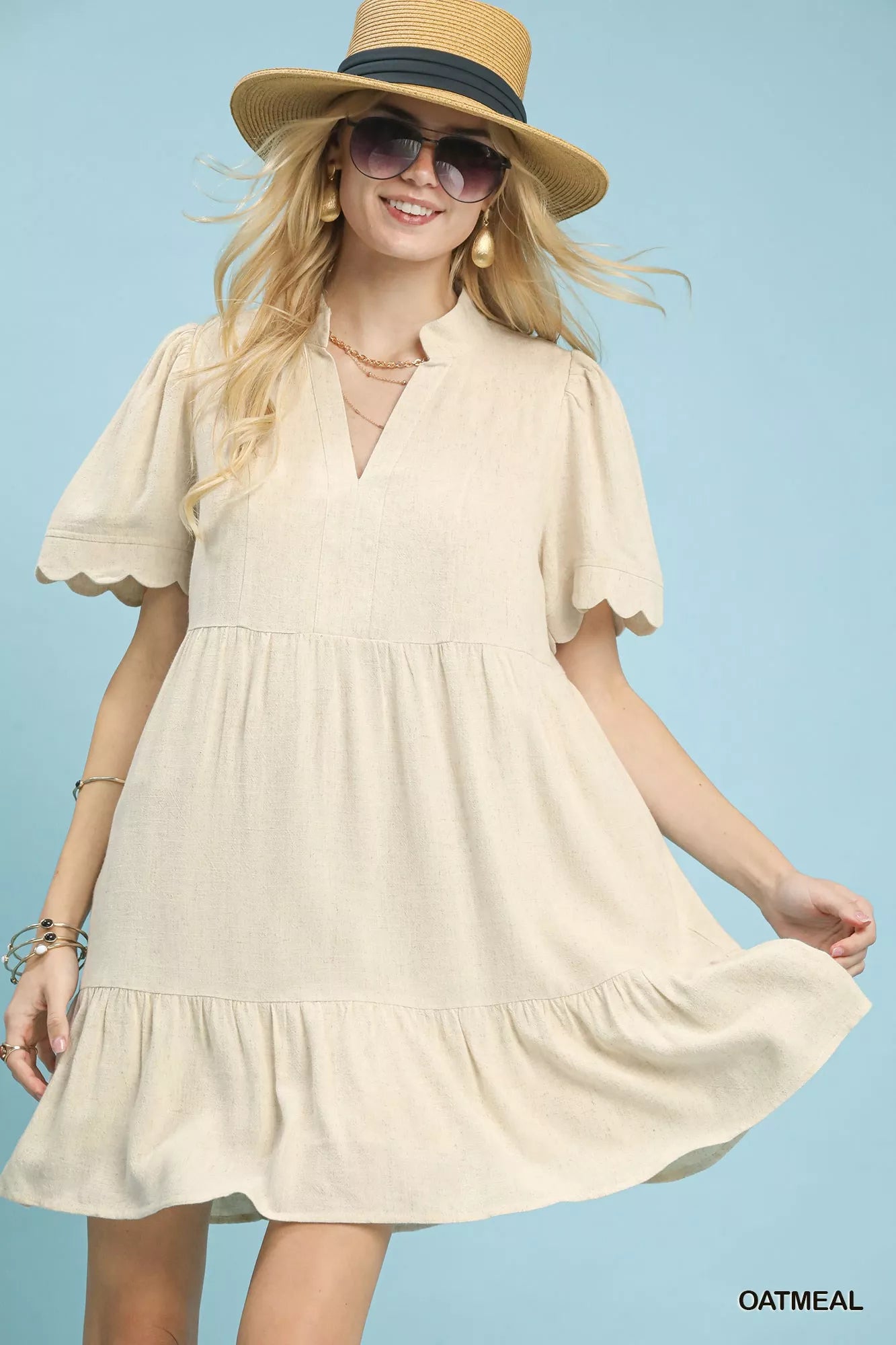 Umgee Oatmeal Linen Tiered Babydoll Dress with Scalloped Sleeves OATMEAL