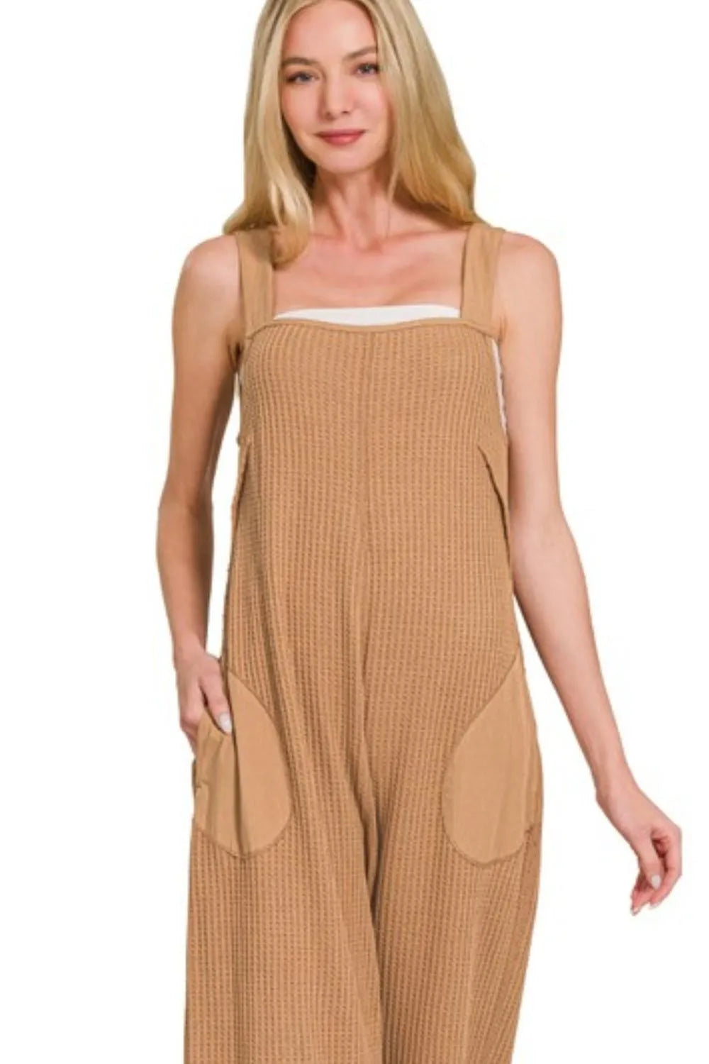 Zenana Deep Camel Knit Waffle Wide Leg Overalls