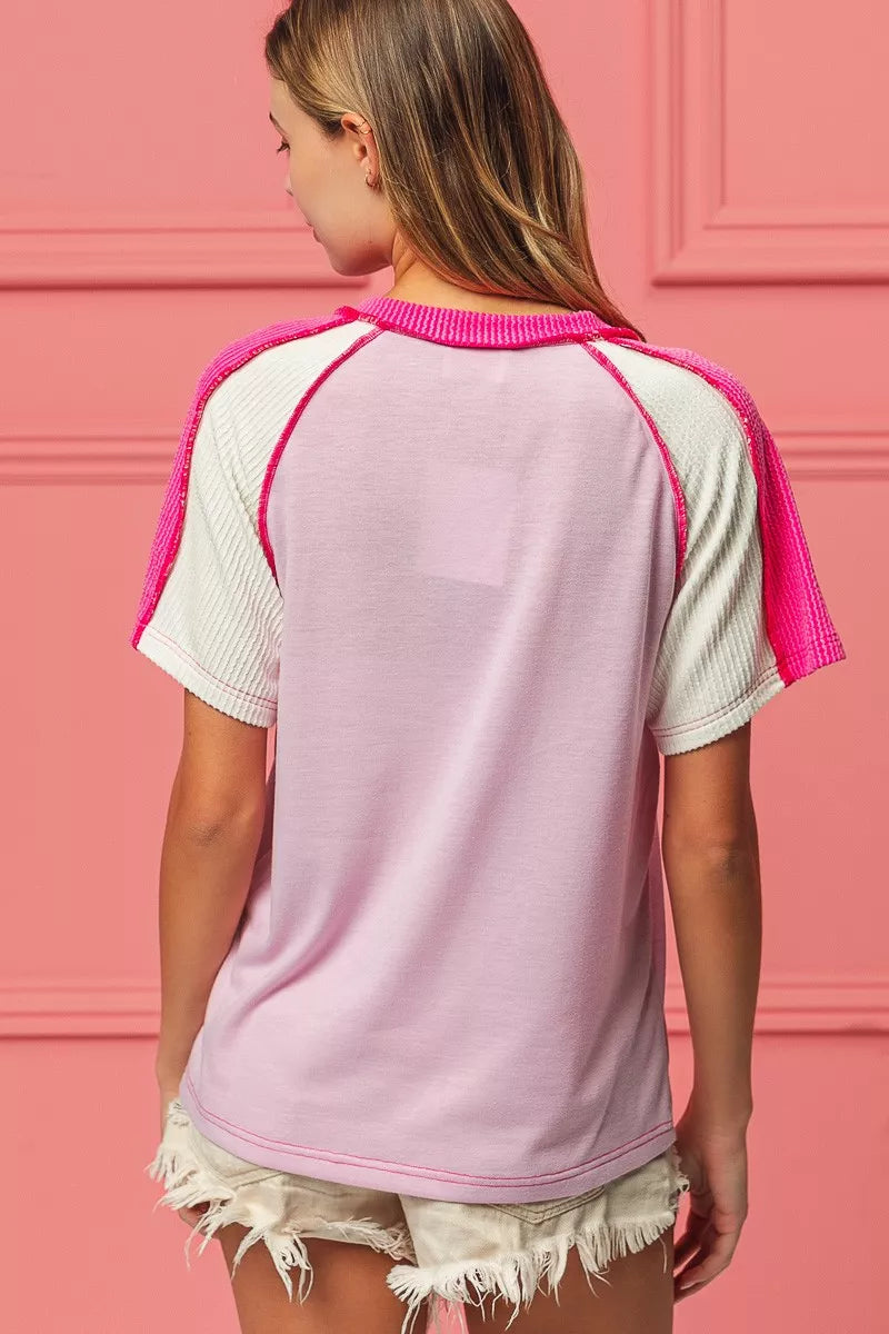 BiBi Pink & Fuchsia Cord Rib Combo V Neck Jersey Knit Top