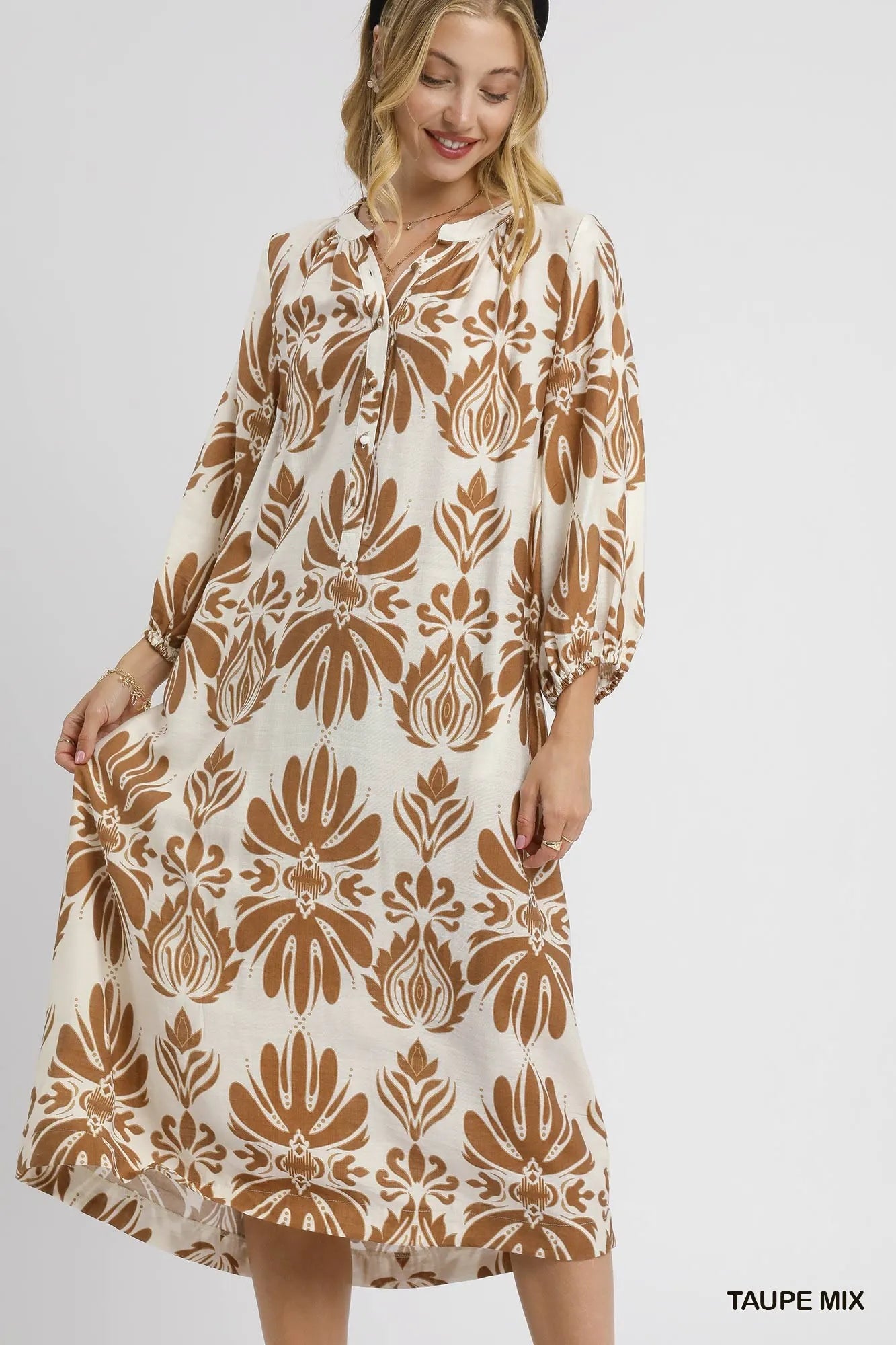Umgee Taupe Mix Abstract Floral Print Midi Dress TAUPE MIX