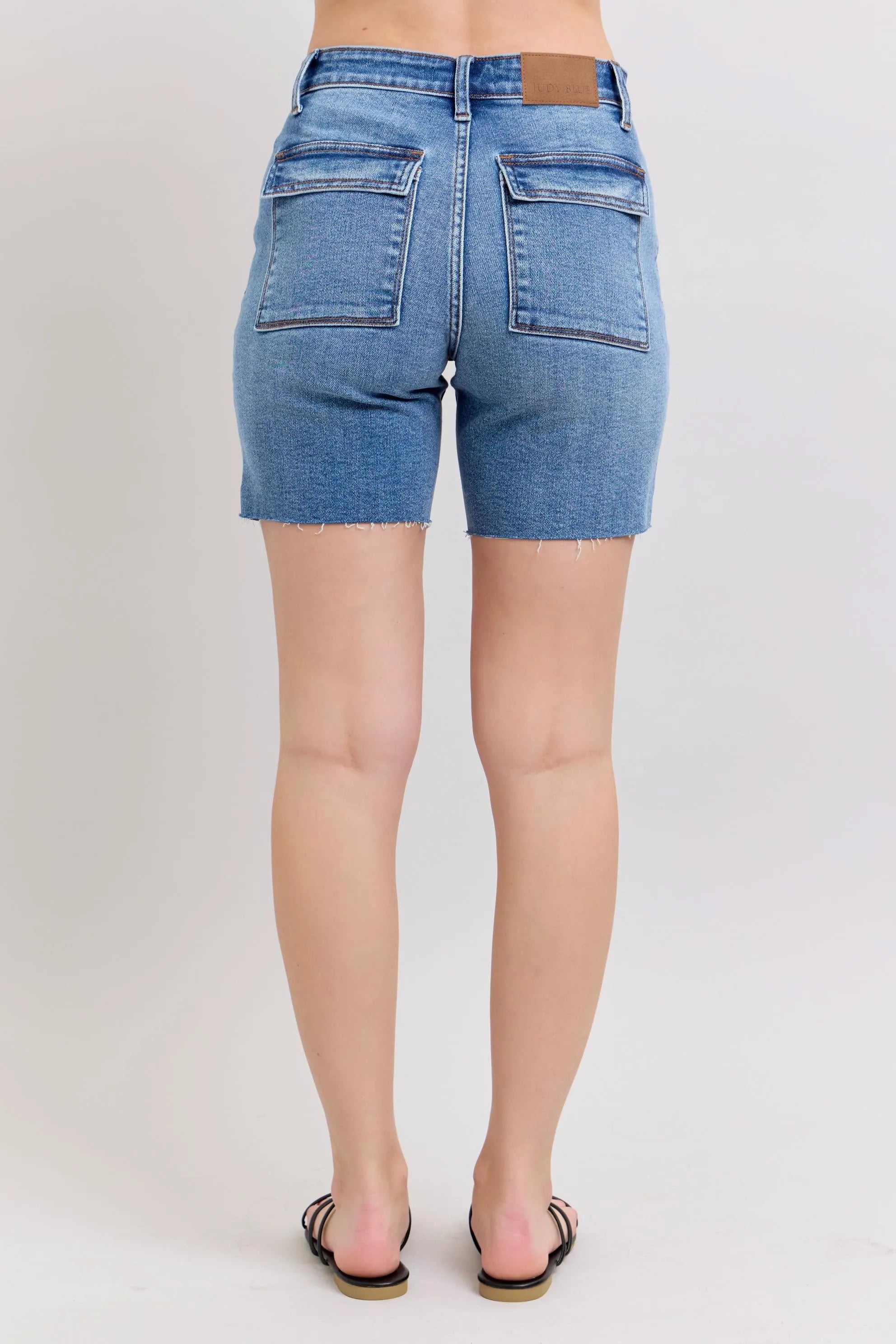 Judy Blue Mid Rise Bermudas Denim Shorts W/ Back Flap Pockets