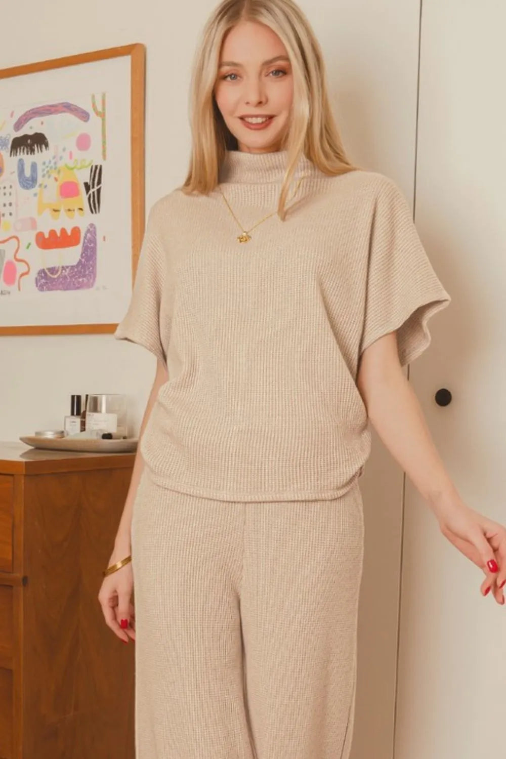 Zenana Light Mocha Sweater Mock Neck Top & Long Pants Set