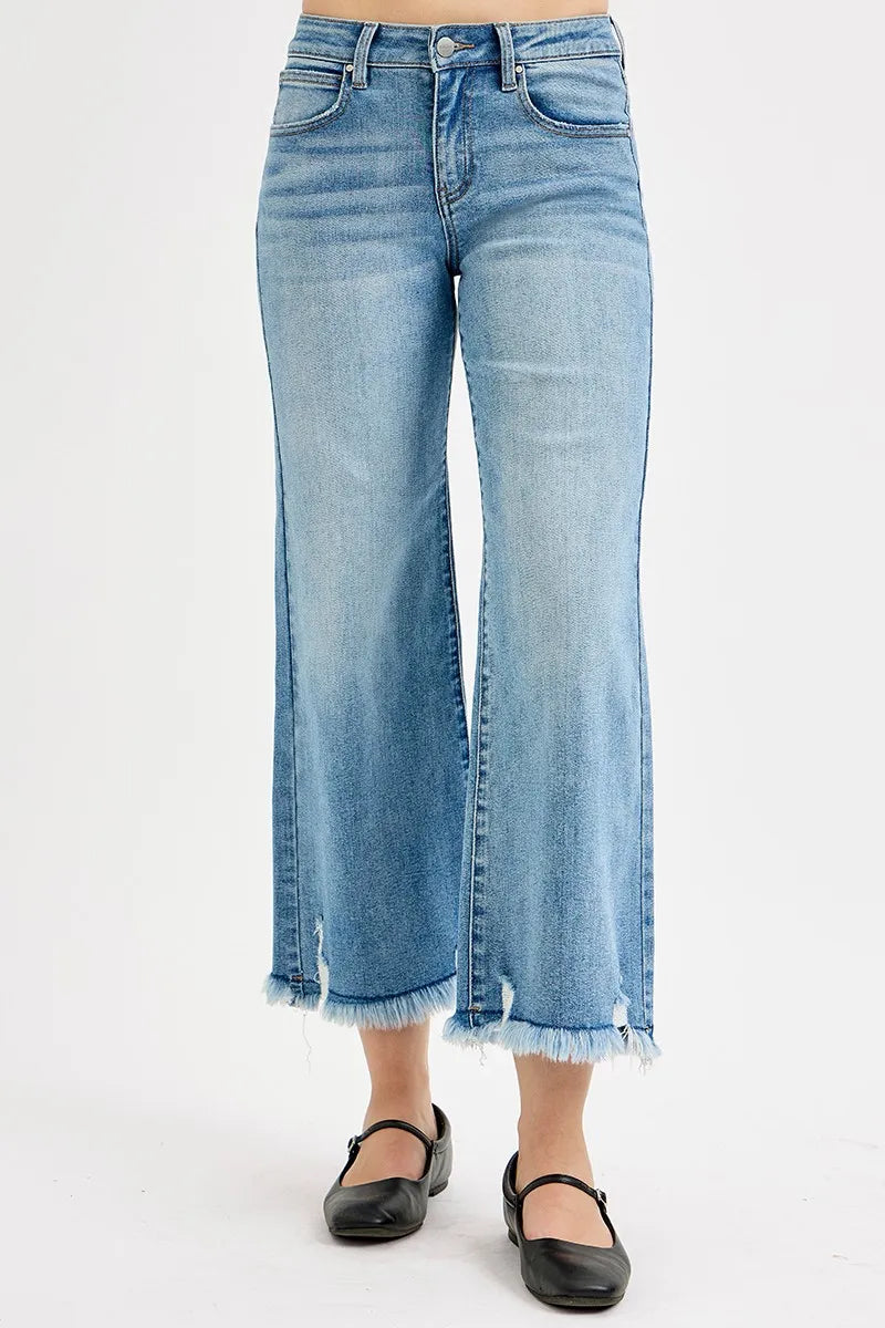 RISEN Light Washed Mid Rise Frayed Hem Crop Wide Leg Jeans
