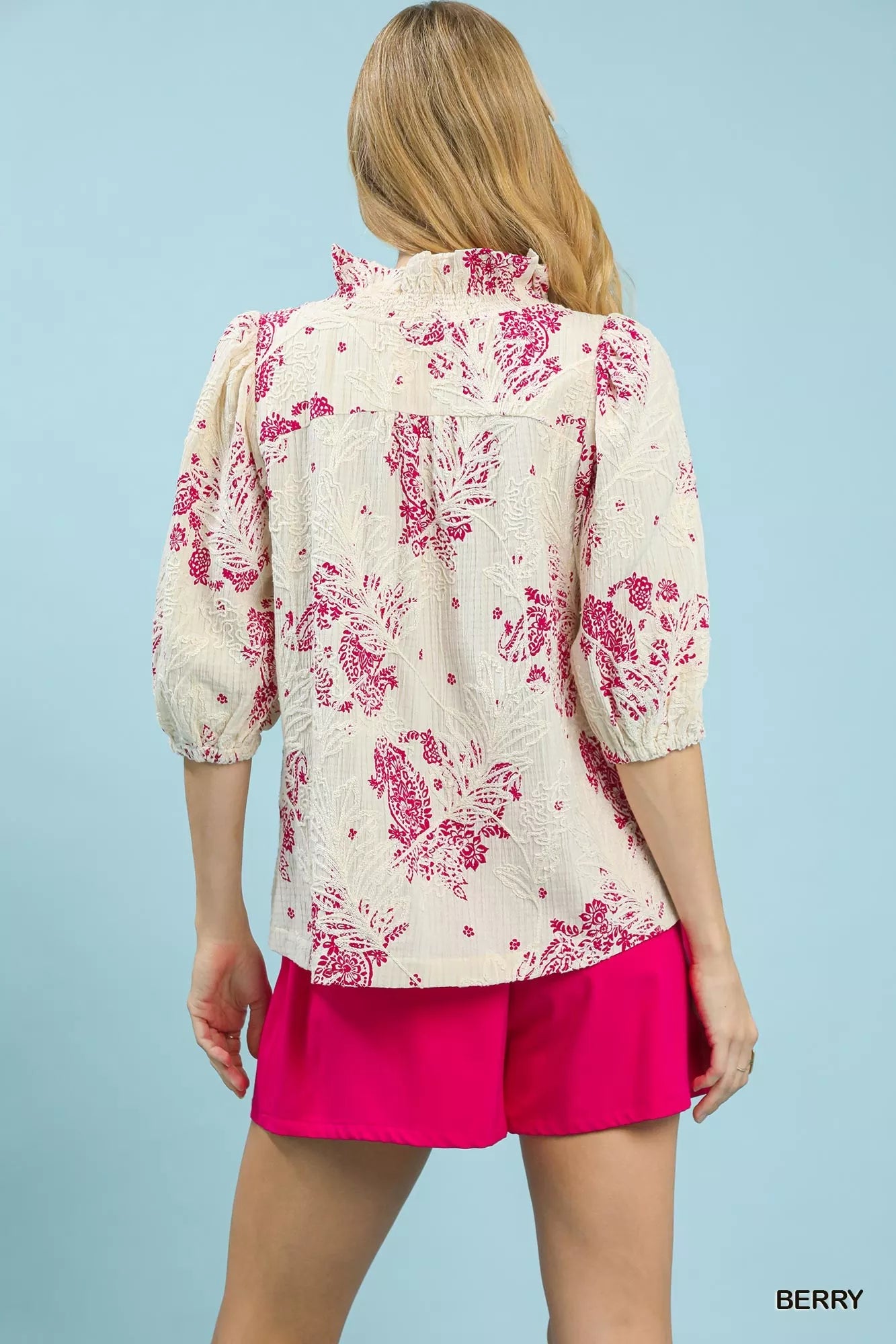 Umgee Berry Floral Embroidered Blouse with Ruffle Trim