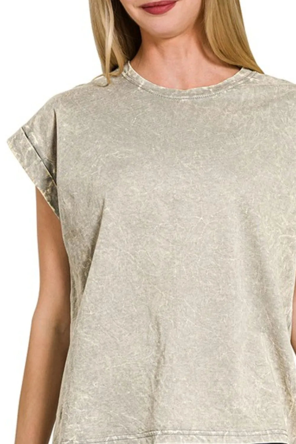 Zenana Sleet Crinkle Washed Round Neck Folded Short Sleeve Tee