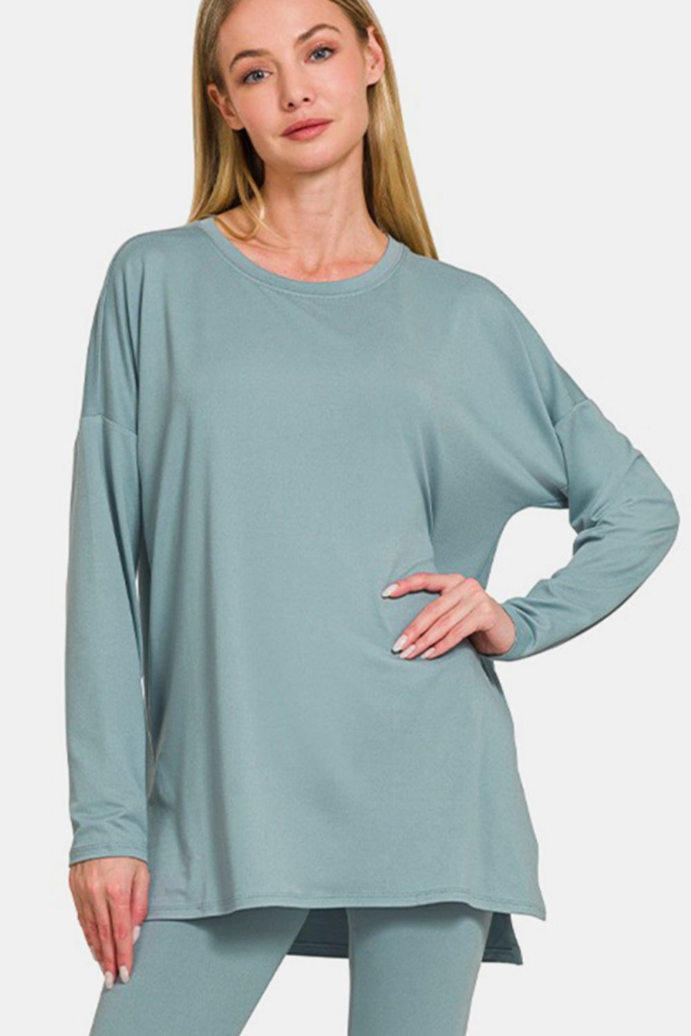 Zenana Blue Grey Brushed Microfiber Long Sleeve Top and Leggings Lounge Set Loungewear