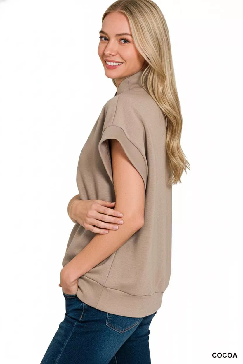 Zenana Cocoa Scuba High Neck Half Zip Top