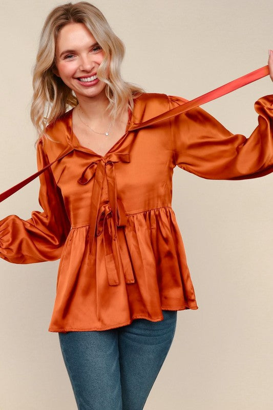 Haptics Babydoll Rust With Front Ribbon Bow Tie Blouse