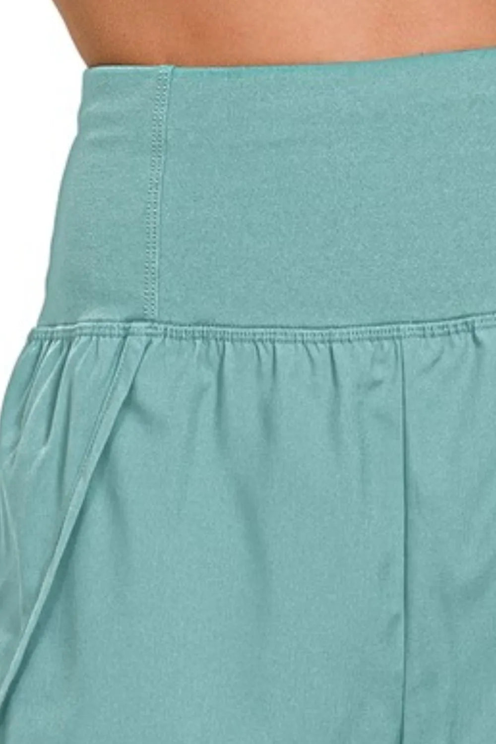 Zenana Dusty Teal High Waisted Zippered Back Pocket Running Shorts