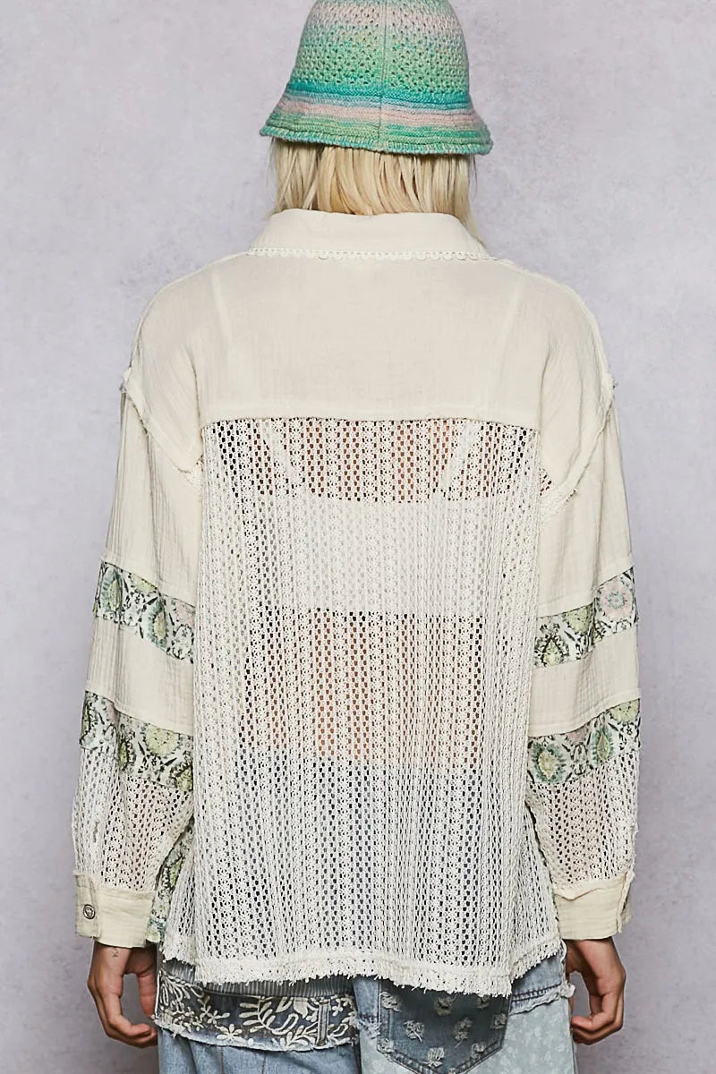 POL Long Sleeve Double Gauze Peace Woven Shirt Top