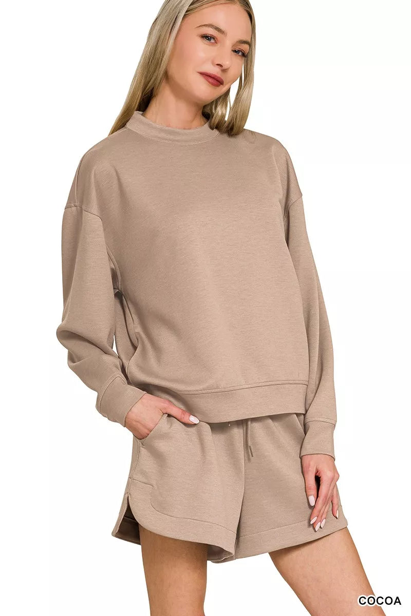Zenana Cocoa Scuba Long Sleeve Sweatshirt and Shorts Set
