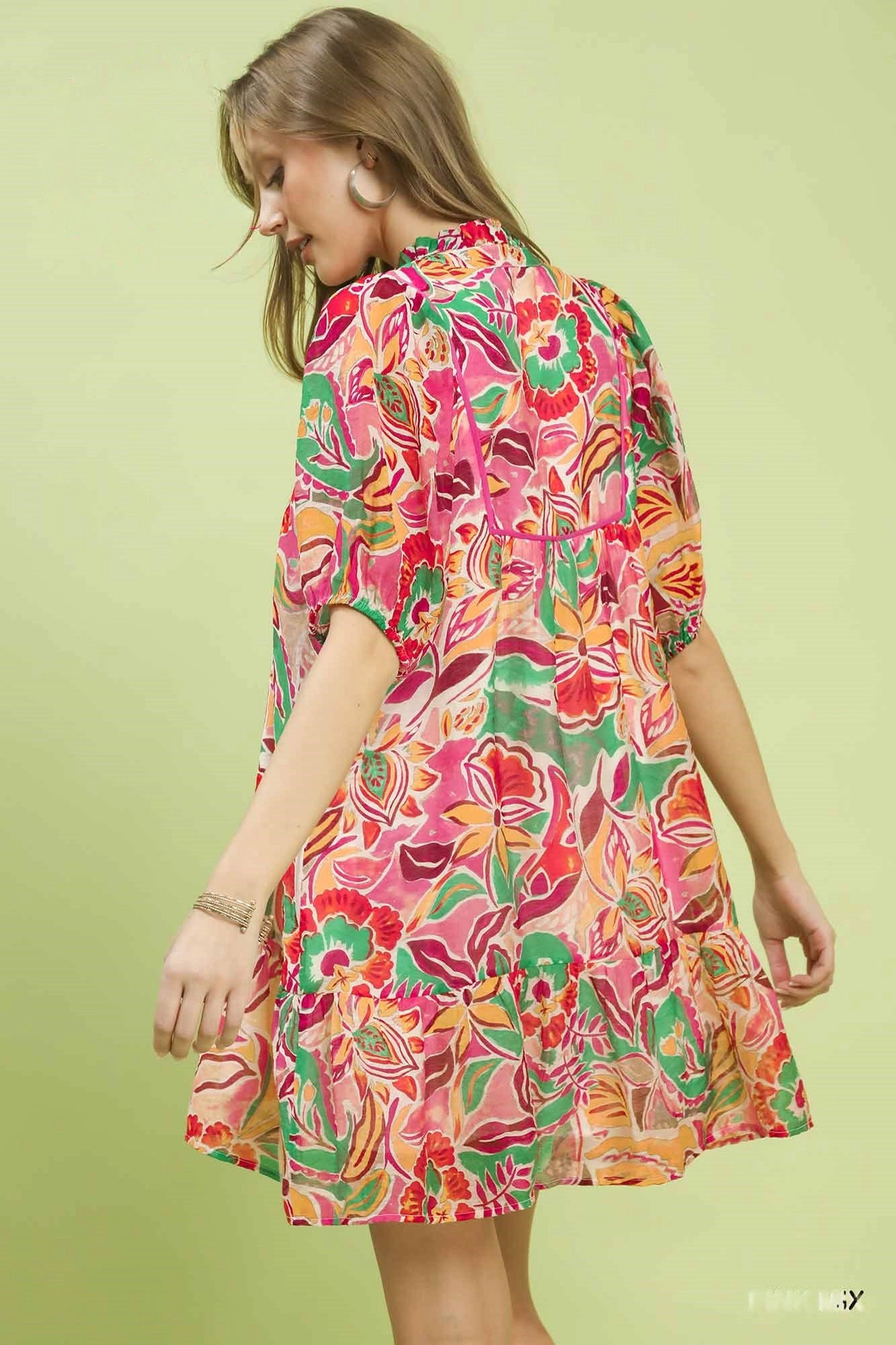 Umgee Pink Mix Abstract Print V-Neck Baby Doll Dress