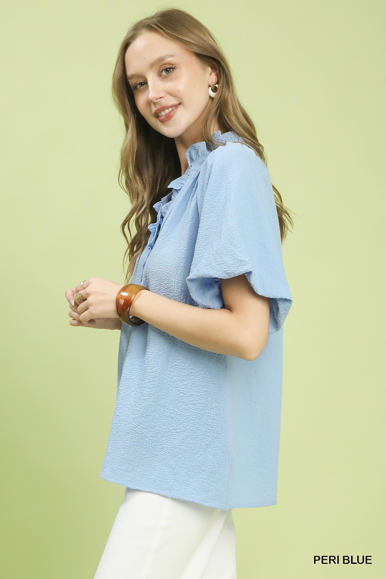 Umgee Peri Blue Puff Sleeve Ruffle Neck Tunic Blouse